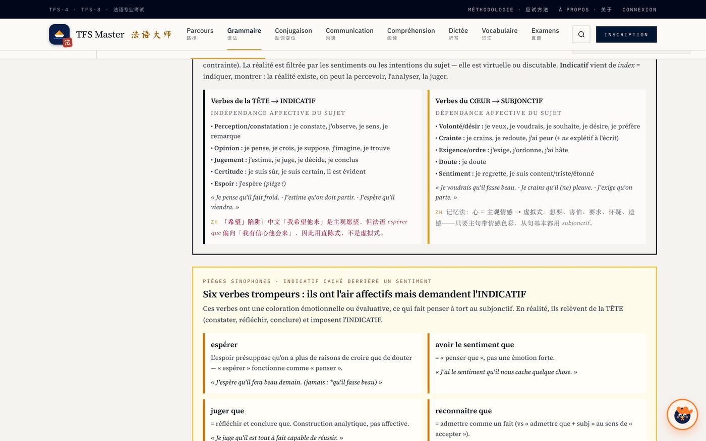 Dans la leçon sur le subjonctif : un encadré « Pièges sinophones » et, dans les colonnes au-dessus, des notes marquées « ZH ».