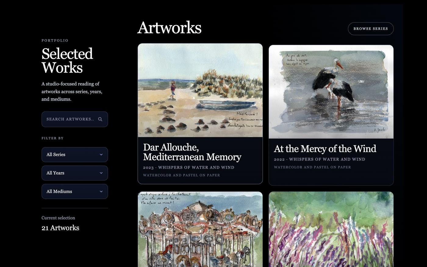 Mon portfolio sur amaljarrahi.art : « Dar Allouche, Mediterranean Memory » (2023) et « At the Mercy of the Wind » (2022), aquarelle et pastel sur papier, série Whispers of Water and Wind.
